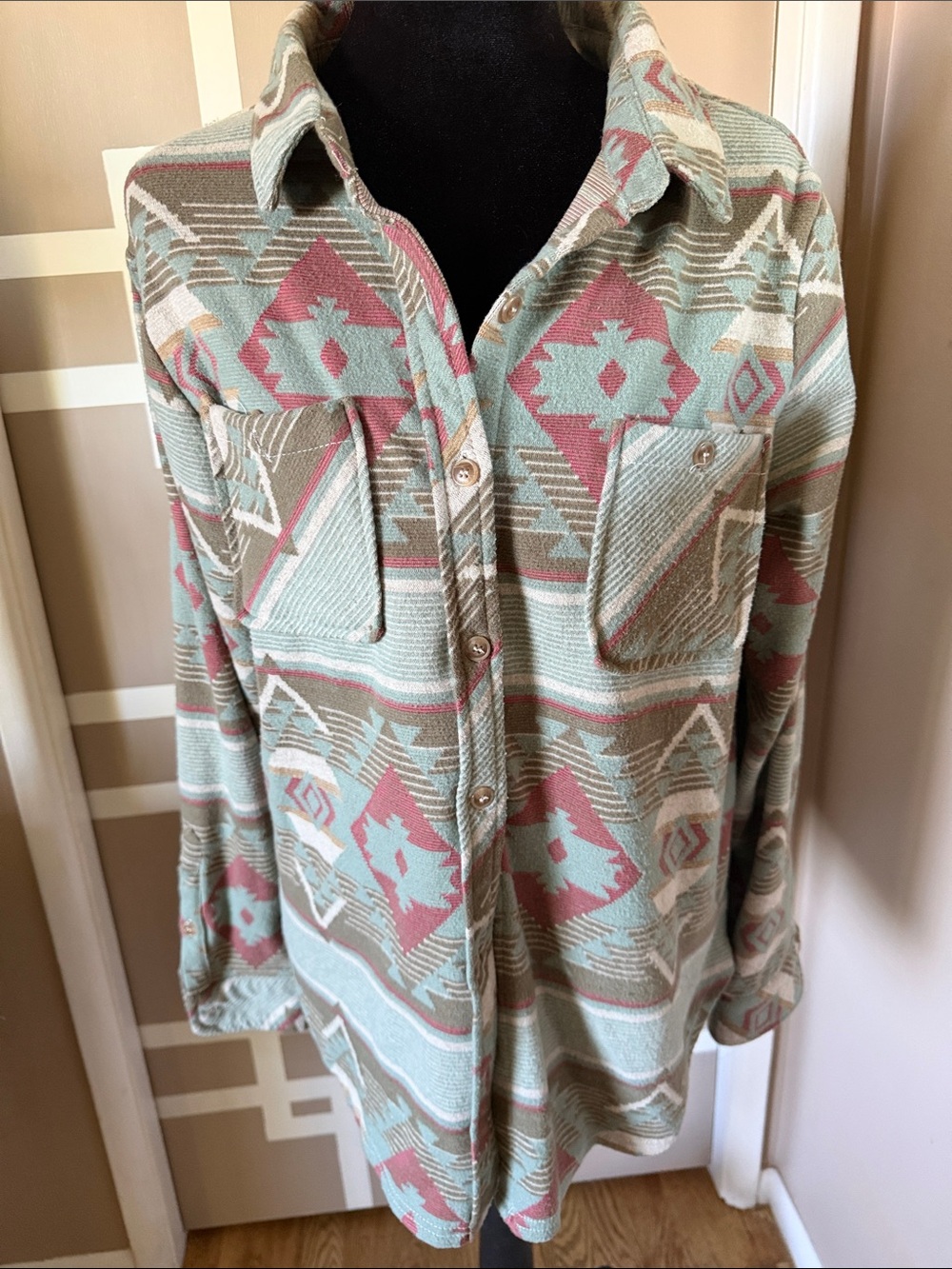 Relaxed & Super Soft Aztec Button-Down Shacket in Sage, Dusty Rose & Cream